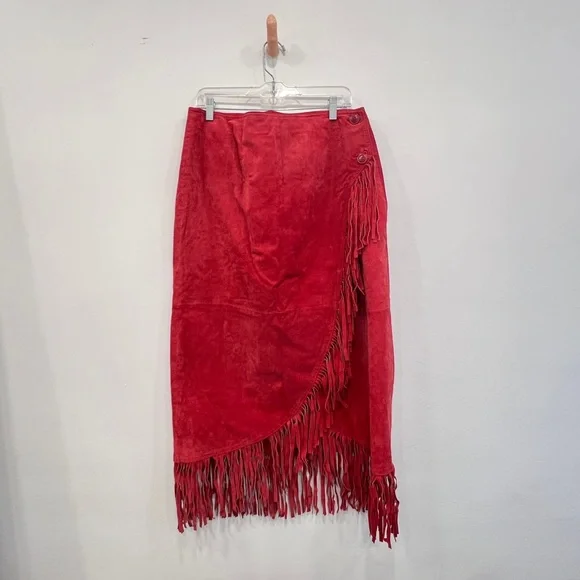 Red Suede Leather Wrap Maxi Skirt w/ Fringe - Size L - Picture 1 of 5